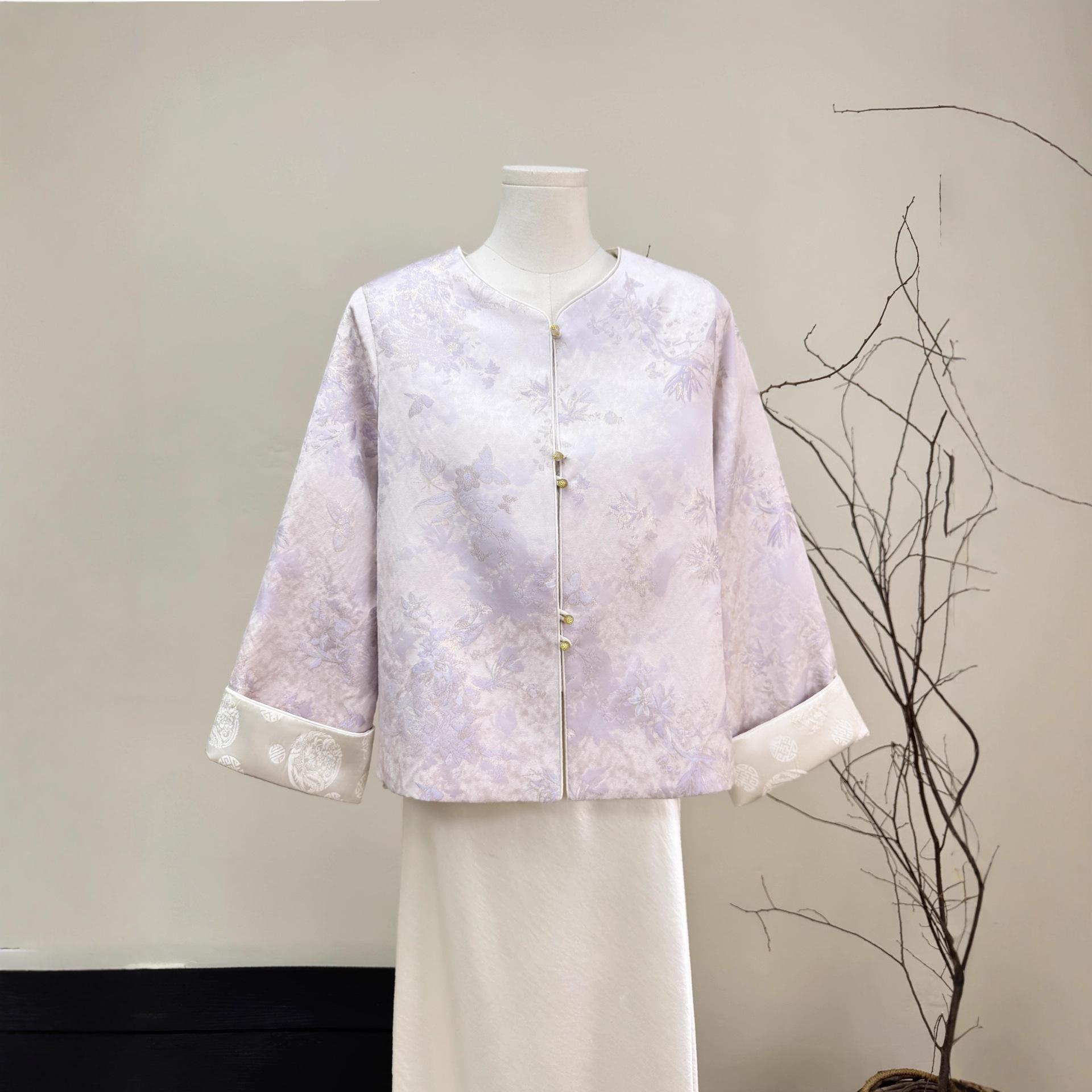 

Spring 2026 Women s Chinese Jacquard Jacket: Elegant, Noble, Slimming, Round Neck L [Recommended 105-120kg] світло-фіолетового кольору