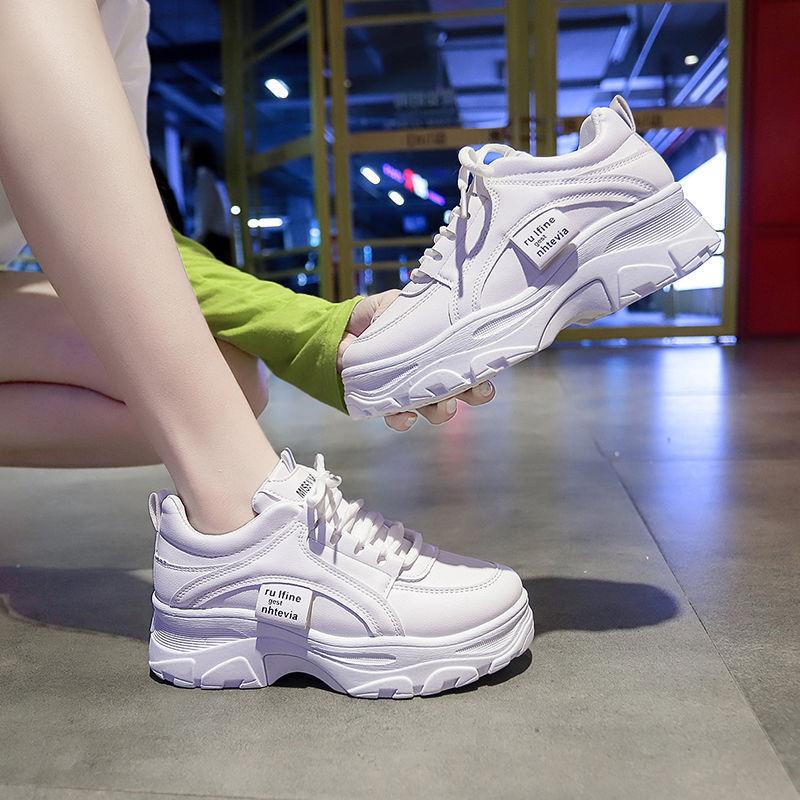 Women's Shoes 2025 New Trendy Fashion Korean Version Heightening White Shoes Heightening Leather Surface Waterproof Shoes Female Student Dad Shoes