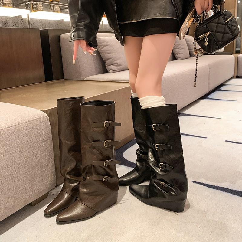 Belt Buckle~ Pants Boots Thick Heel Boots Long Boots Female European and American Babes High Boots Pointed Black Trousers Boots Fried Street