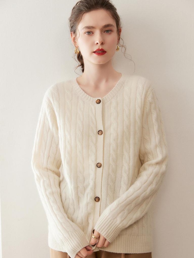 Round Neck Twisted Pattern Cashmere Cardigan for Women - Autumn/Winter Long-Sleeve Versatile Warm Sweater