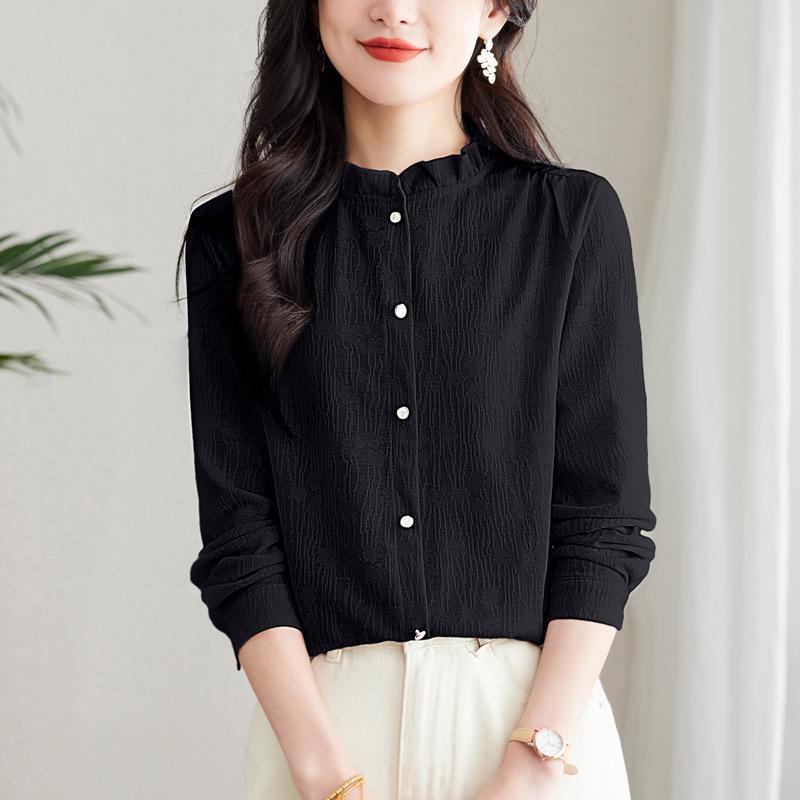 Spring New Style Black Ear-side Stand-up Collar Women's Jacquard Shirt Design Style Versatile Niche Long-sleeved Top