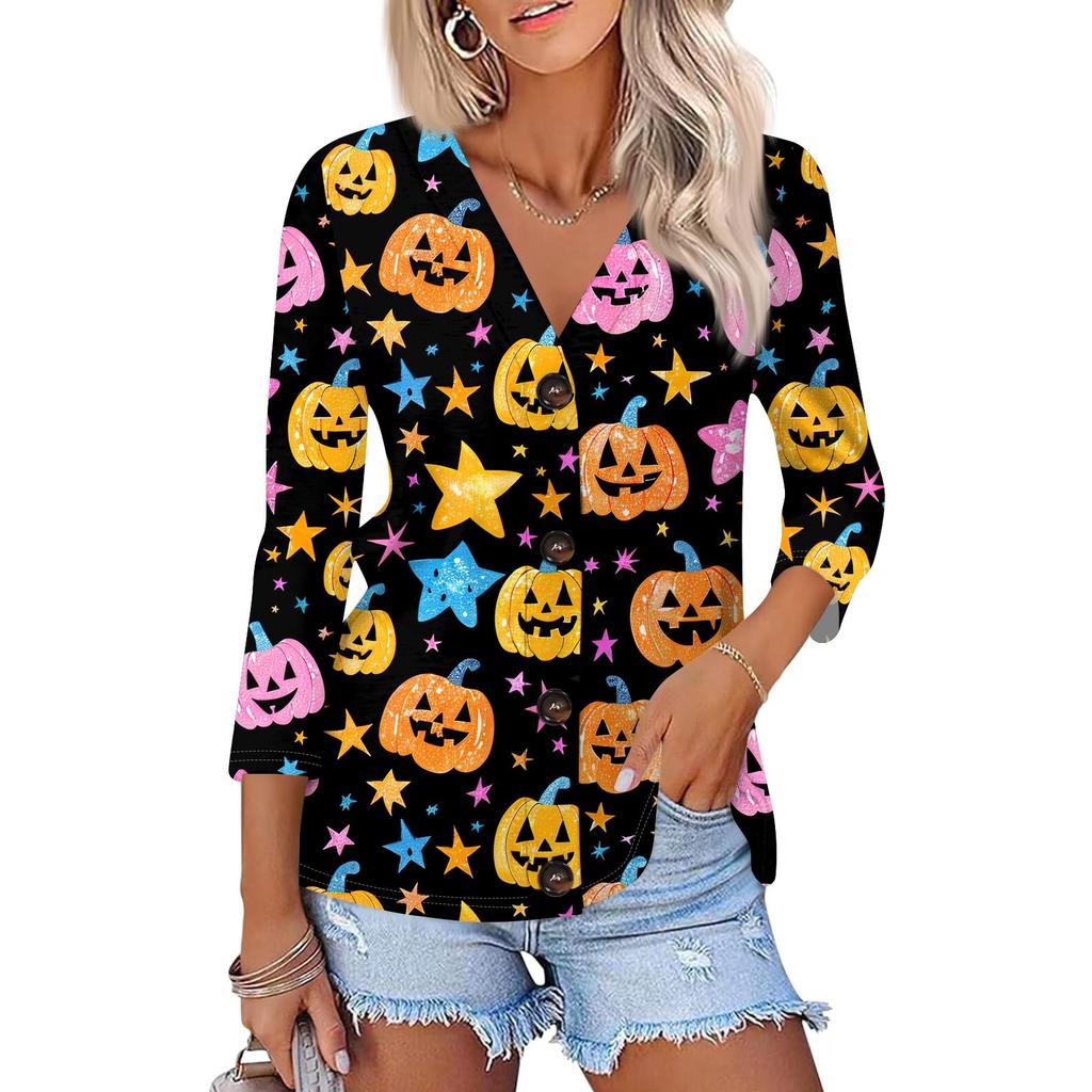 Women's Fashion Casual Print Button-down Shirt 3/4 Long Sleeve Tops