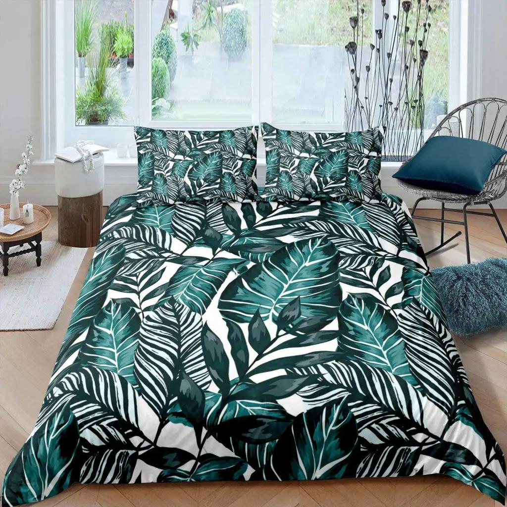 Palm Leaves Duvet Cover King Full Banana Leaves Bedding Set Hawaiian Tropical Leaves Green Branches 2/3Pcs Polyester Quilt Cover
