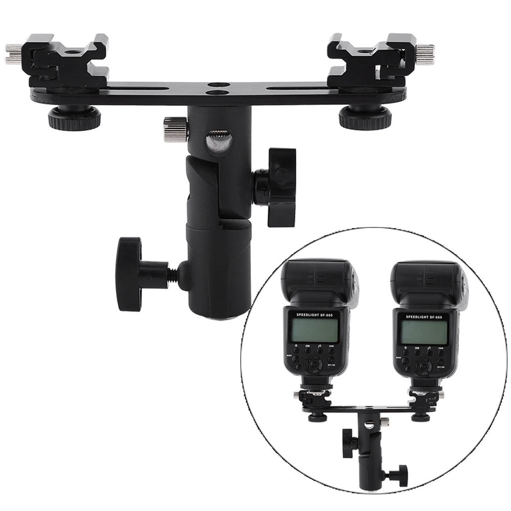 Black Double Hot Shoe Flash Umbrella Holder Light Stand Bracket For Photo Video Photography