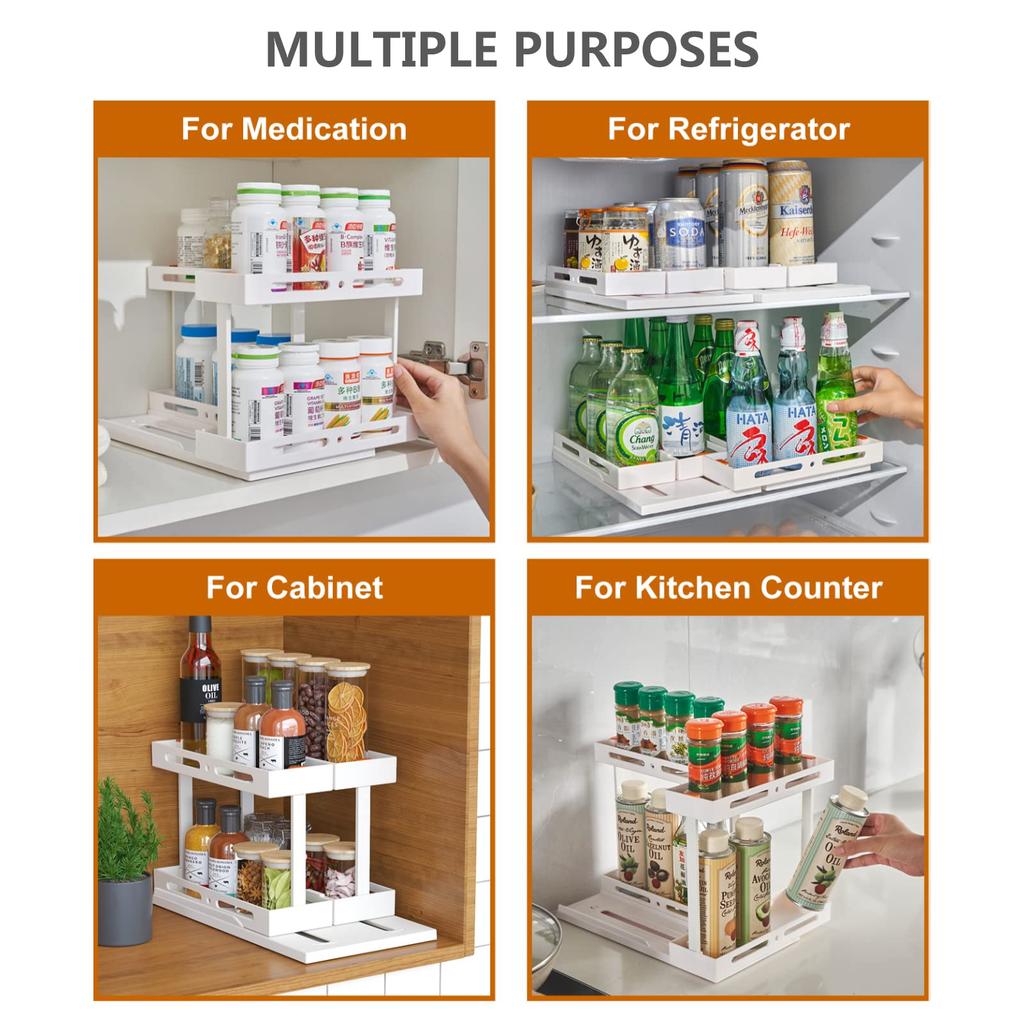 2 Tier Pull-out and Rotate Kitchen Spice Rack Multi-Function Seasoning Organizer for Kitchen Cabinet Pantry Counter-Top Supplies