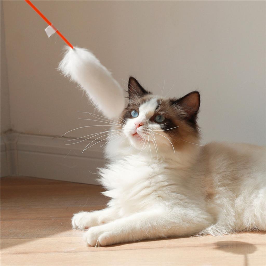 Plush Cat Teaser Wand Bite Resistant Eco Friendly Hand Crafted Soft Flexible Plush Cat Toys for Training White