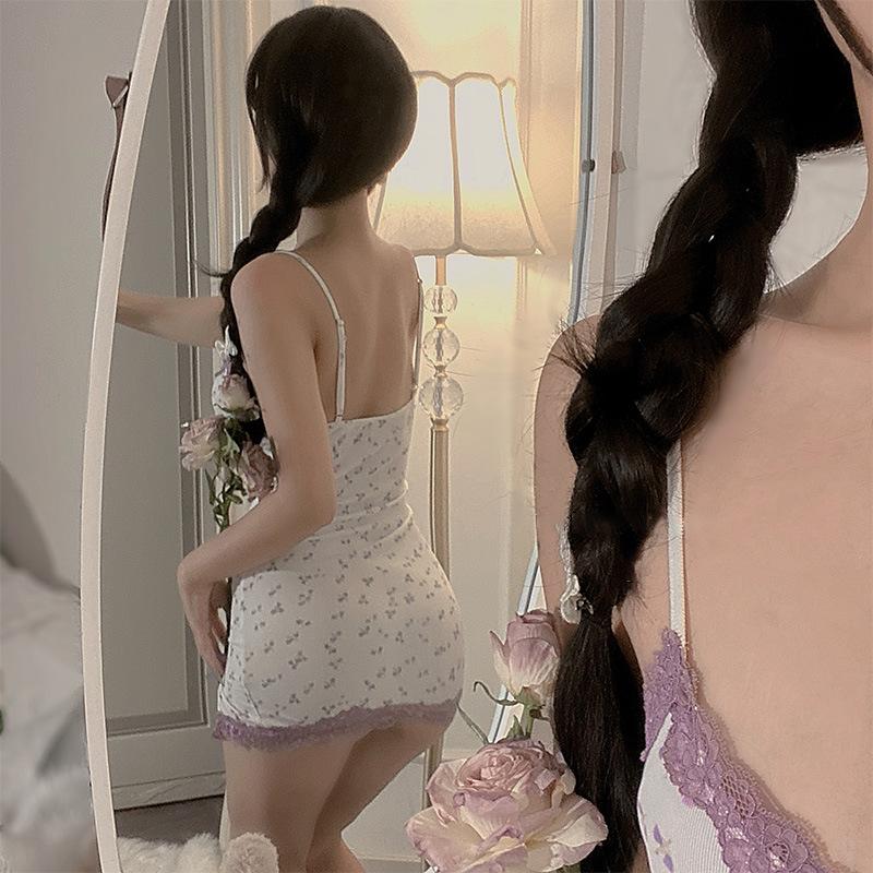 Sexy Pajamas Women's New Pure Desire Floral Suspender Skirt Hot Lace Nightdress with Chest Cotton Loungewear