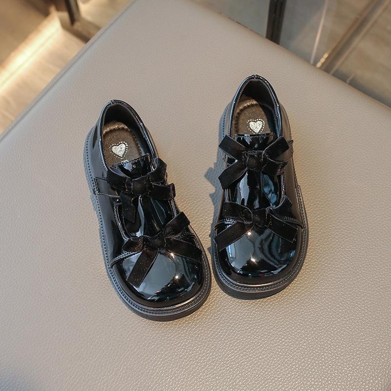 Korean Style Mirror Finish Girl's Leather Loafers with Double Bows - Spring 2026 Princess Shoes