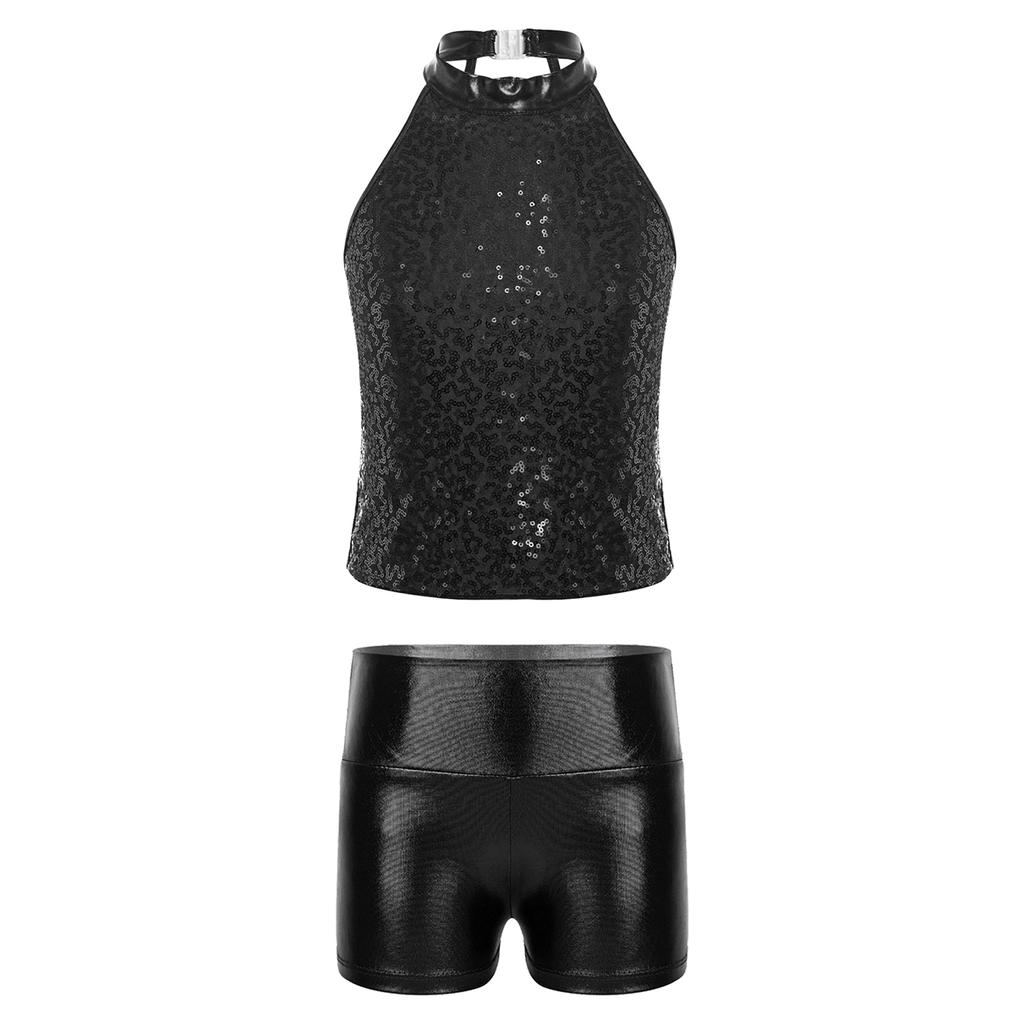 Girls Sleeveless Backless Shiny Sequin Halter Crop Top Metallic Dance Shorts Jazz Dance Stage Performance Outfit