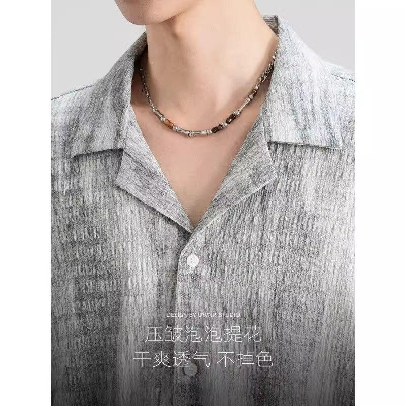 Mens Striped Knit Short Sleeve Button Down Shirt