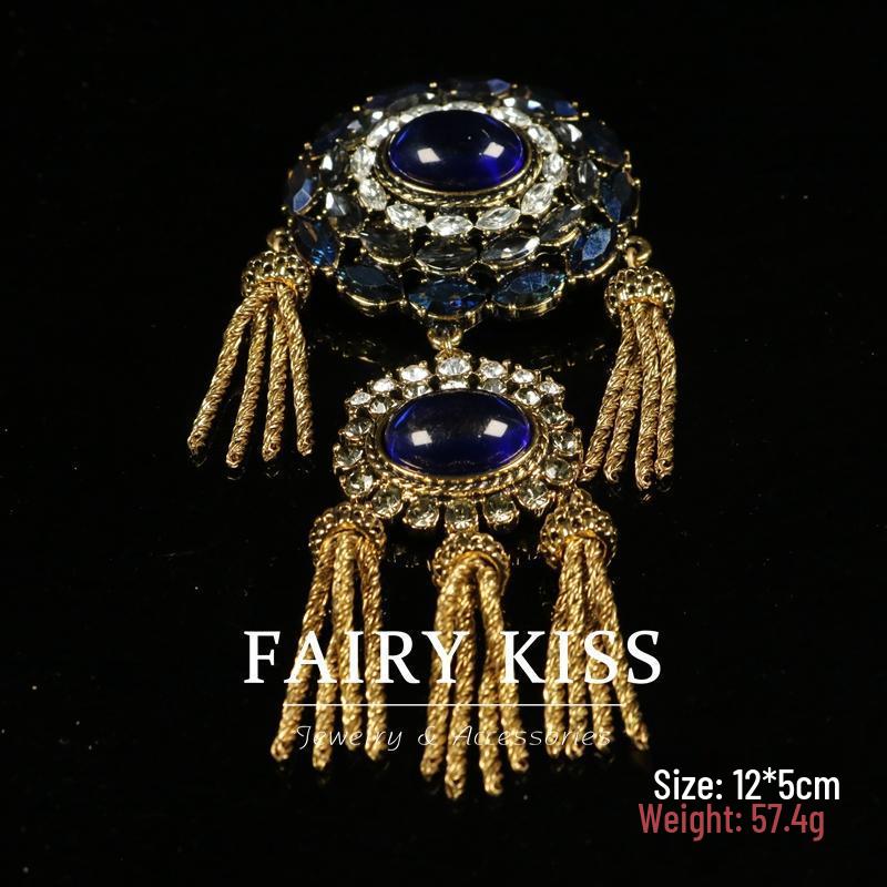 Vintage Gold Distressed Brooch: Rhinestone Tassel Corsage Chest Ornament