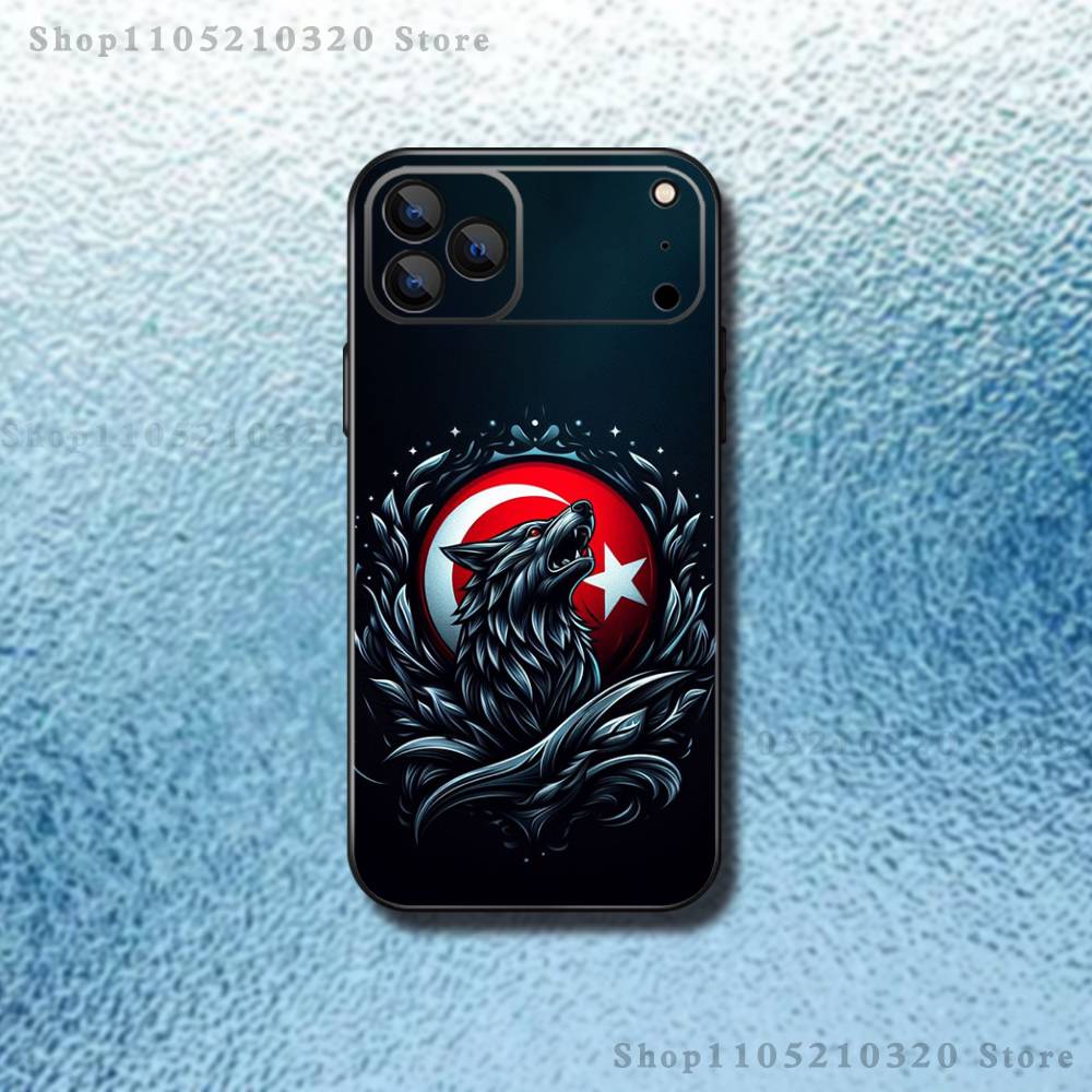 Cool Turk Wolf Flag Phone Case For iPhone 17,16,15,14,13,12,11,Pro Max,XSX,,XR,SE,Mini,8,7,Soft Silicone Black Cover