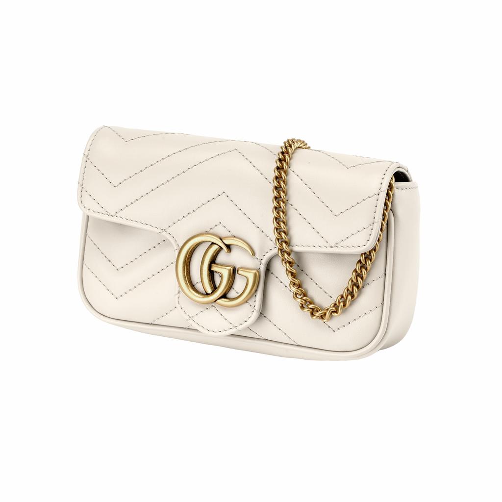 Gucci Borsa a tracolla messenger in pelle trapuntata con logo Double G Marmont, ultra mini, modello da donna, grigio chiaro