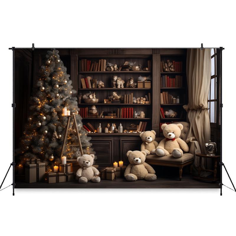 Mocsicka Christmas Photo Background Room Xmas Tree Bookshelf Gifts Bear Decoration Baby Kids Birthday Party Photography Backdrop