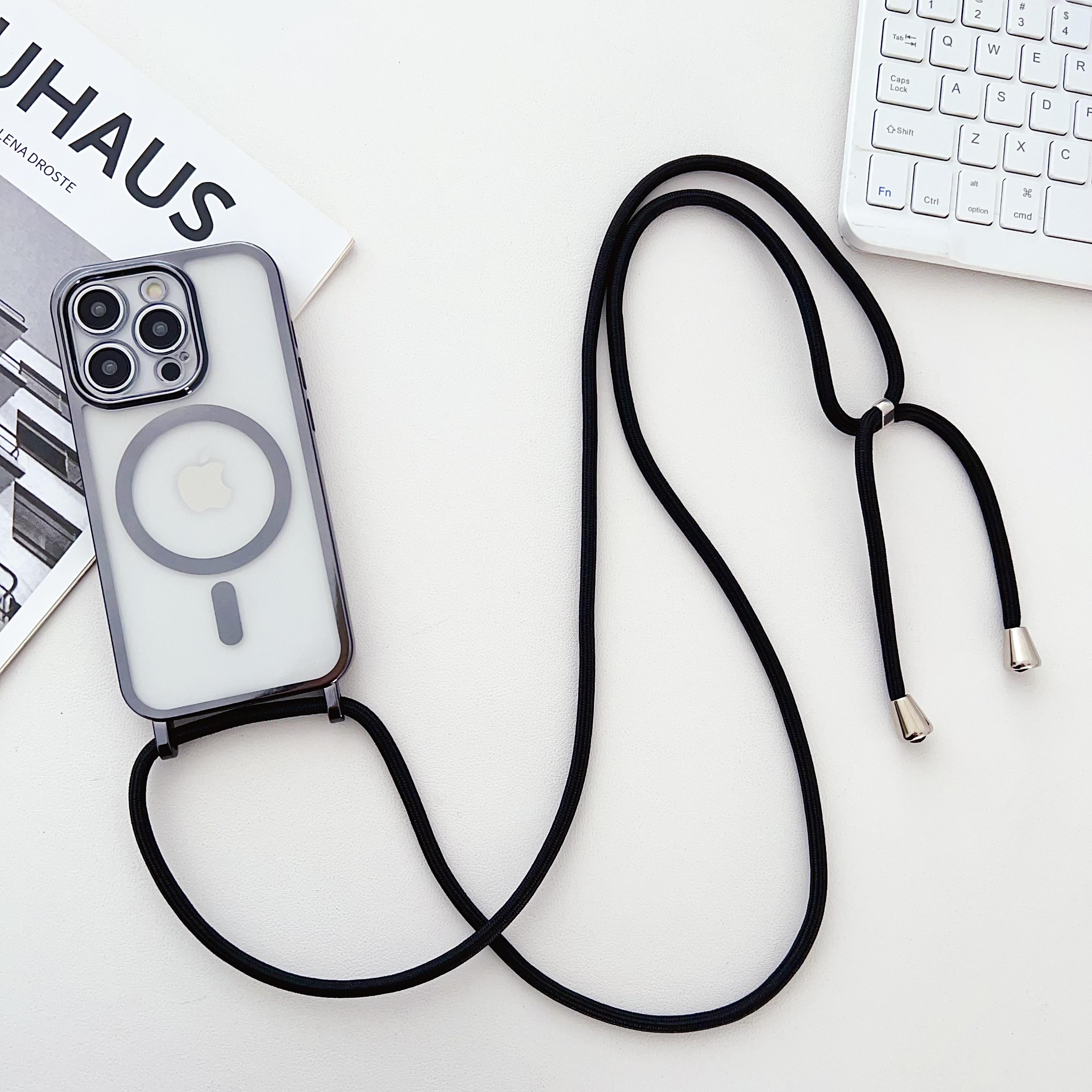 

Чохол для iPhone 16 Pro Max, сумісний з MagSafe, гальванічний ТПУ захисник для мобільного телефону з довгим ремінцем Black