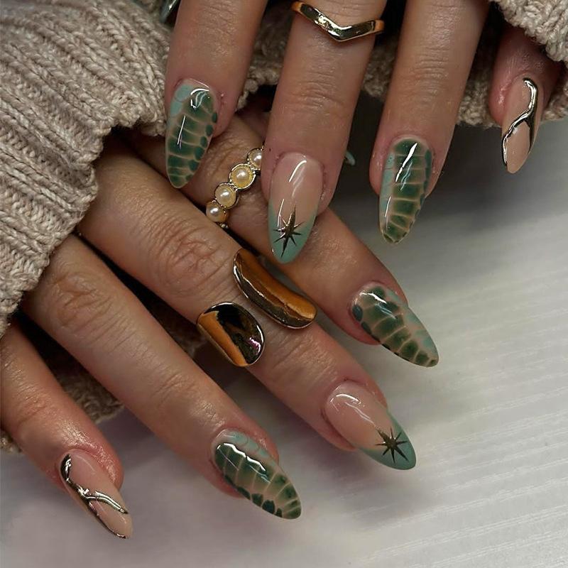 24 Stück Mandel-Press-On-Nägel mit Leopardenmuster und Mini-Blumen-French-Tips, Retro Süß Cool Acryl-Fingernägel