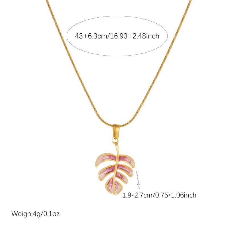 Gold Snake Bone Chain Necklace with Enamel Monstera Leaf Pendant for Women