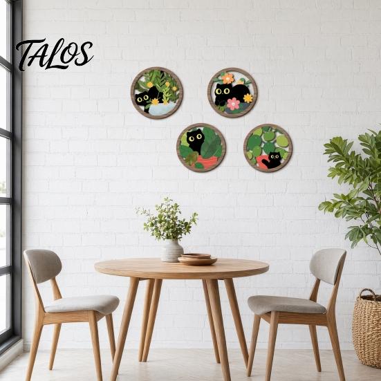 Arte de Parede Gato Preto 4 Peças Placa, com Textura de Madeira de Grão Quente, Arte em Madeira, Resistente a Arranhões Polido Fino Decoração de Casa, Estilo Retro Nórdico para Quarto de Bebé Quarto