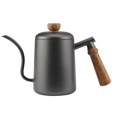 FUN COFFEE Coffee Kettle Open Fire 550ml Drip Pot Wooden Handle Drip Kettle with Lid Stainless Steel Black (co-0024)