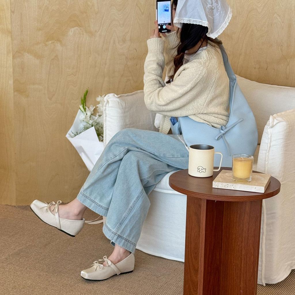 2025 spring cream cherry blossom powder girlish feeling bow inner height increase single shoes women shallow mouth word with Mary Jane shoes