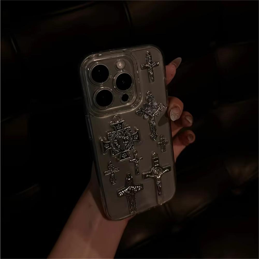 Retro Gothic 3D Metal Cross Phone Case For iphone 16 Pro 15 14 13 12 11 Pro Max 14 Plus Cool Angel Epoxy Clear Soft Cover Gift