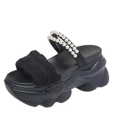 Fashion 8cm New Summer Women's Slippers with Pearl Decoration and Thick Bottom Wedges Slides Women Platform Shoes Sandals