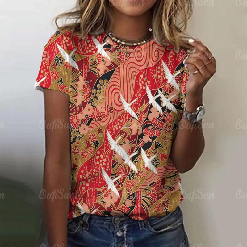 

Женская футболка в китайском стиле, красные футболки с короткими рукавами и принтом животных, летняя уличная одежда с круглым вырезом, повседневный пуловер большого размера для женщин 4XL