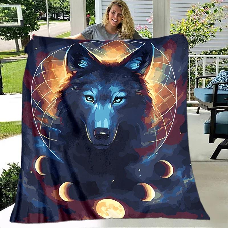 Arte Fantasia Lupo Morbido Peluche Divano Letto Lancio Cartone Animato Picnic Coperte Moderna Coperta di Flanella Stampata Copriletto Regalo