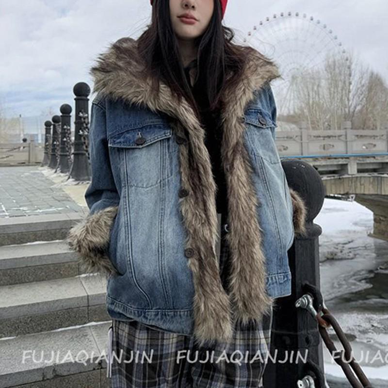 Womens Fuzzy Denim Jacket Elegant Style Loose Fit Slimming Outerwear