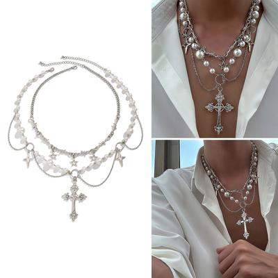 2pc Elegant Crosses Pearls Necklace Versatile Crosses Pendant Pearls Necklace Jewelry for Faithful Fashionistas