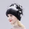 Brand Women Genuine Rex Rabbit Fur Hats Winter Rex Rabbit Fur Beanies Striped Top Flower Fox Fur Warm Real Fur Knit Caps