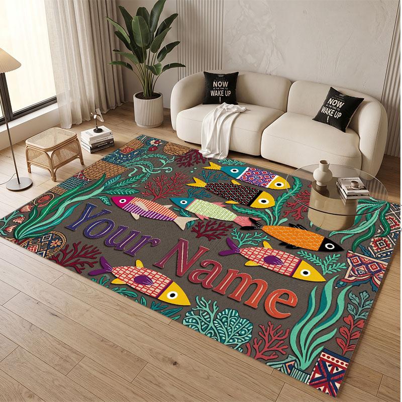 Fish Ocean Theme Soft Crystal Velvet Rug Custom Name & Text Print Non Slip Floor Rug for Bedroom Living Room