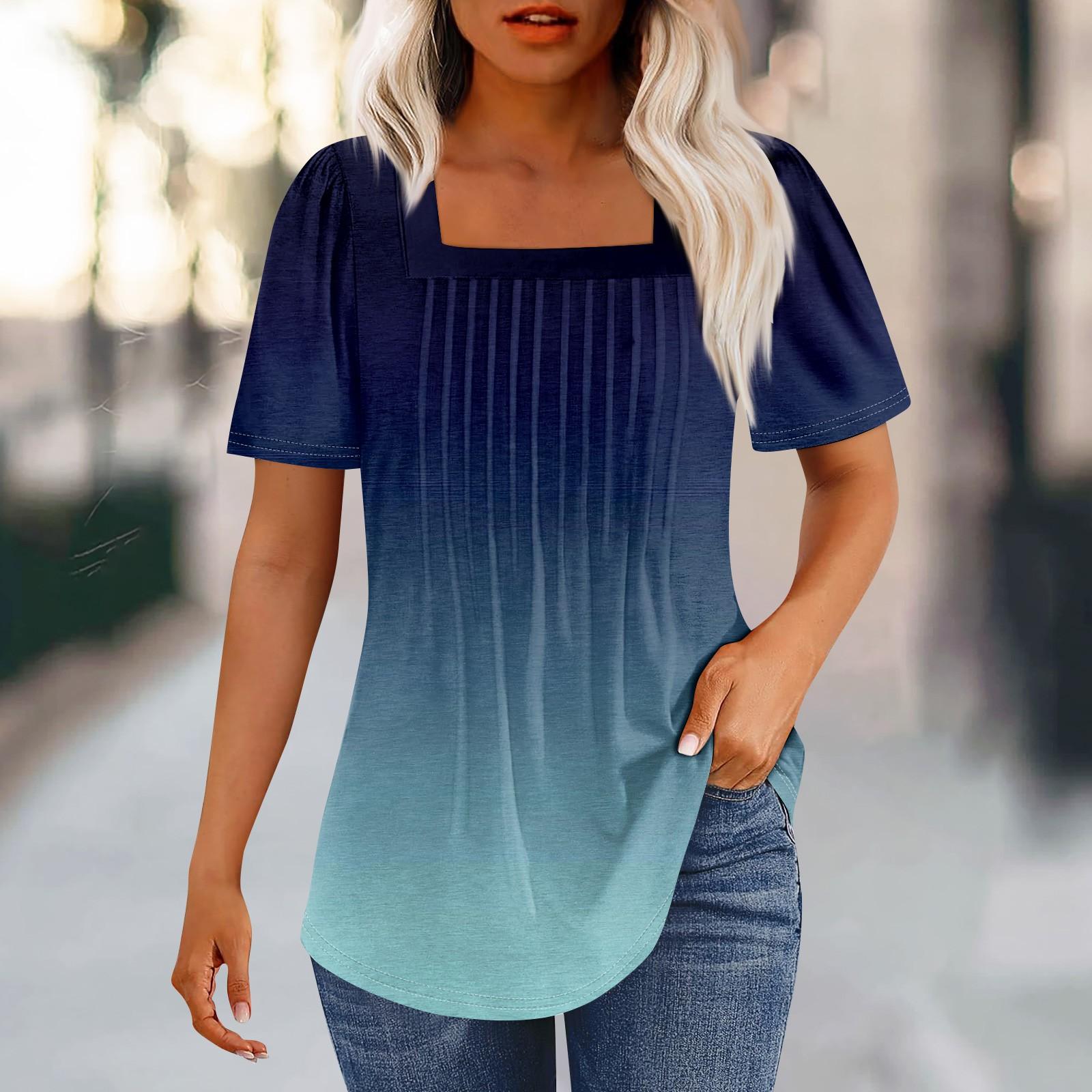 

Футболки для женщин, плиссированные, с квадратным вырезом, нарядные, повседневные, блузки с принтом, с коротким рукавом, летние топы свободного кроя XXXL синий