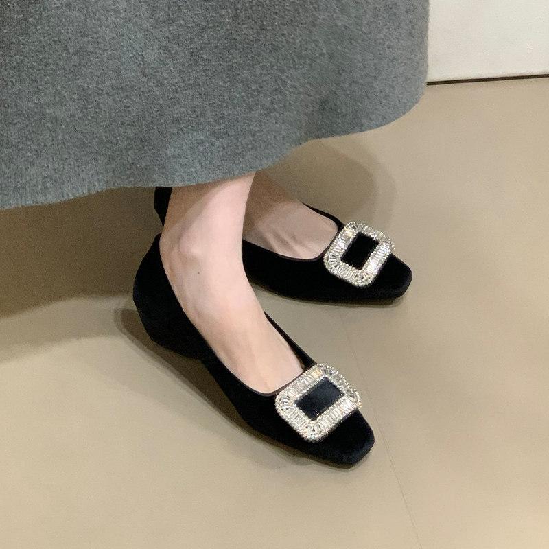 

French square buckle rhinestone wedge heels 22 spring and autumn new commuter velvet square head high heels 35 чёрный