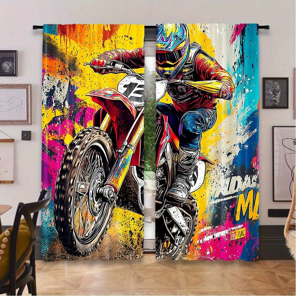 2pcs- Off-road Motorcycle Modern Style Color-blocking Art Printed Curtains, Pole Bag Home Decoration, Room Decoration