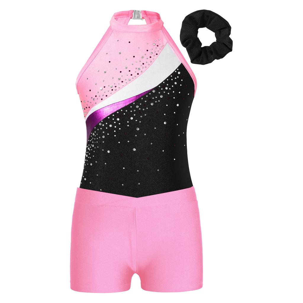 Girls Sleeveless Rhinestones Decorated Patchwork Leotard Hair Band V Front Waistband Shorts Gymnastics Training Dance Set