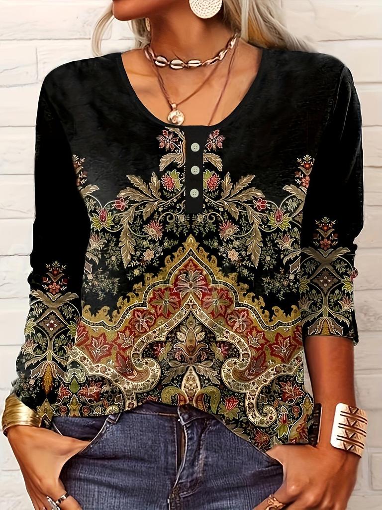 2025 V-neck Women's Ethnic Style Print Button Plus Size Casual T-shirt