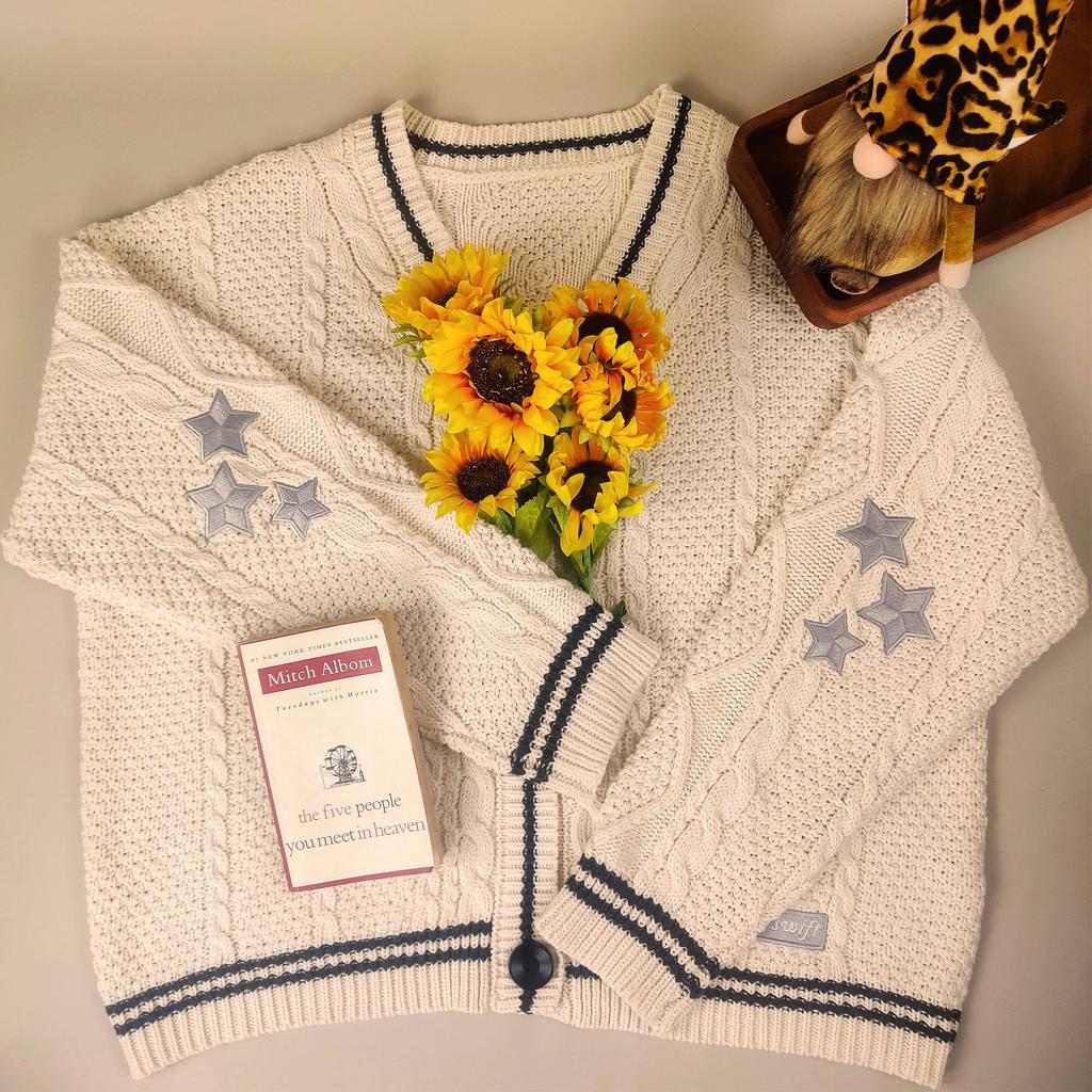 Autumn Winter Loose Knitted Cardigans Coat Women Star Embroidery Sweaters Streetwear Vintage Casual Single Breasted Long Sleeve Top