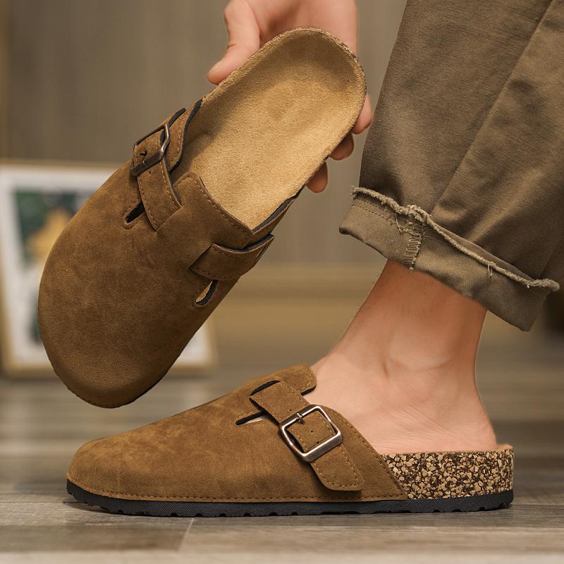 Fashion Plus Size 47 Men Half Shoes Casual Loafers Cork Clogs Slippers Fashion Suede Slip-on Flat Sandals soft-Soled Casual Sandals