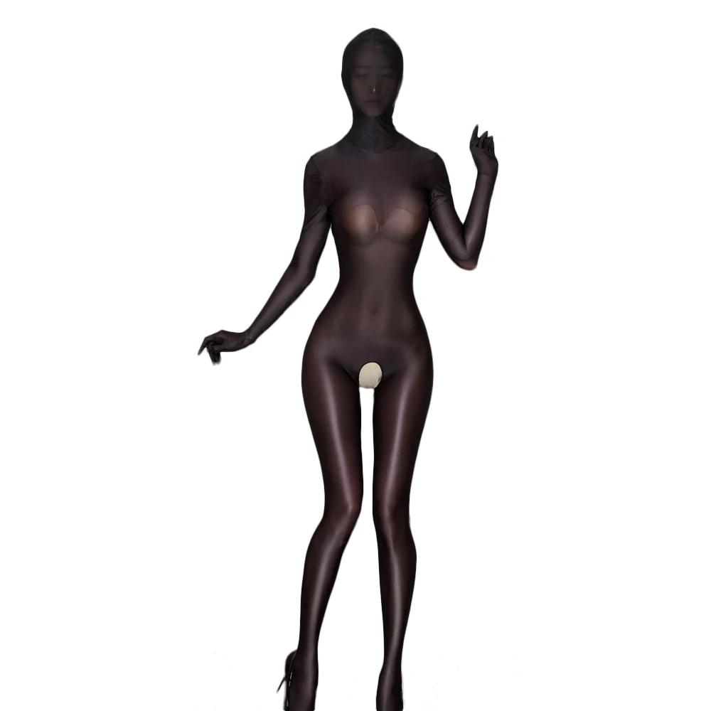 Sexy Donna Cosplay Cameriera Body Brillante Lucido Tuta Intera Modellante Body Coprente Completo Collant Elastici Trasparenti Gioco Sessuale Ootd