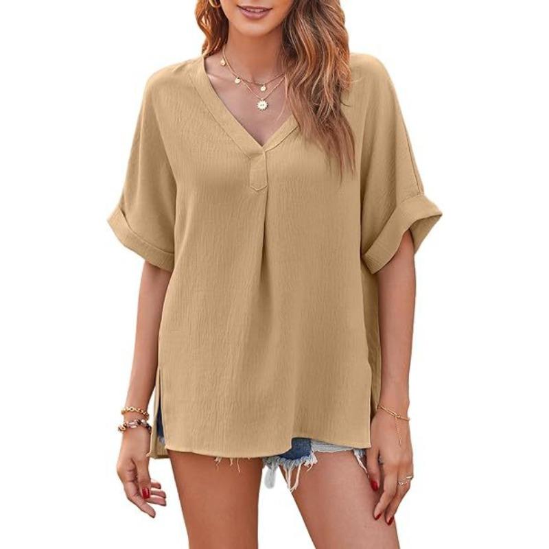 

Spring and Summer Solid Color V-neck Short sleeved Loose Top Women s T-shirts XXL хаки