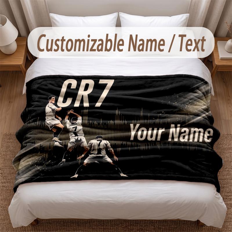 Cristiano Ronaldo Printed Flannel Blanket Custom Name Text Soft Warm Throw For Bedroom Holiday Gift