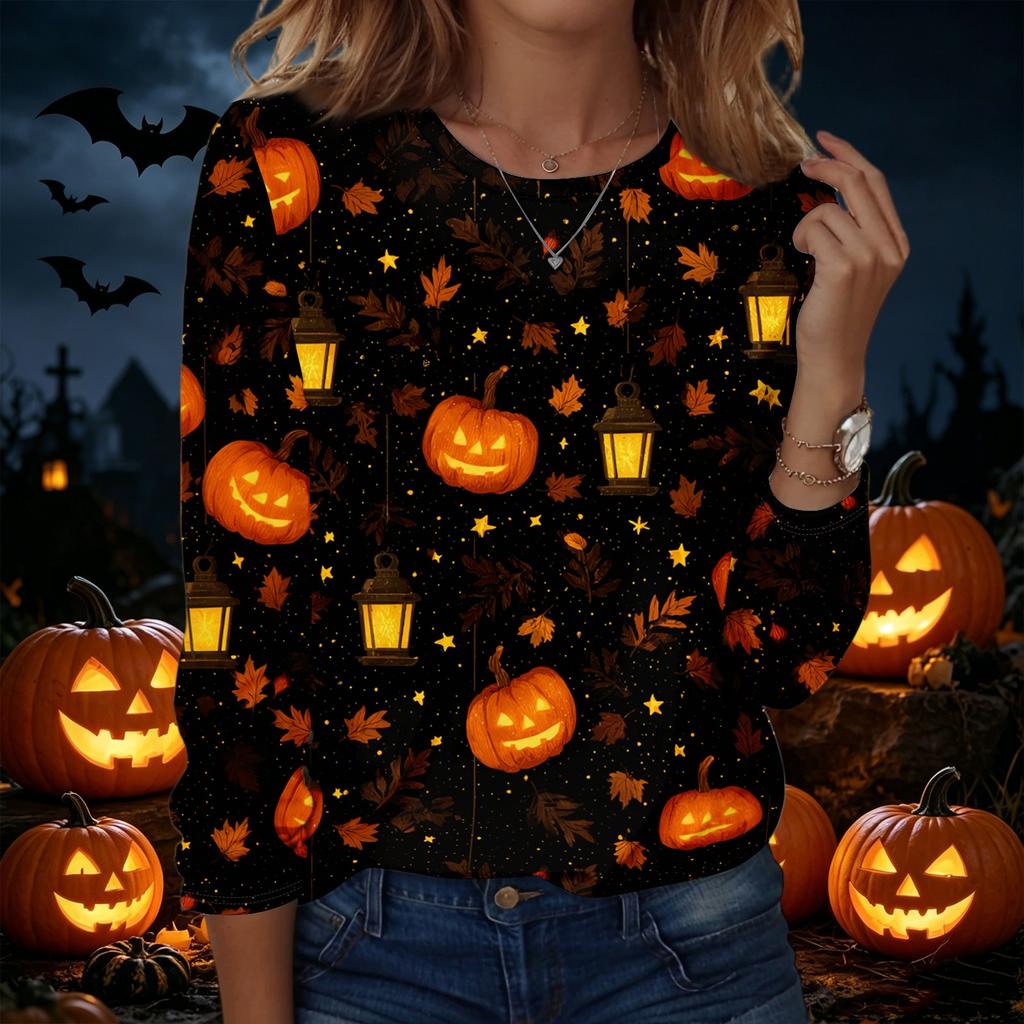 Women's Halloween Print Pullover Sweatshirt Long Sleeve Crew Neck Casual Top Lightweight Soft Fabric Comfortable Fit