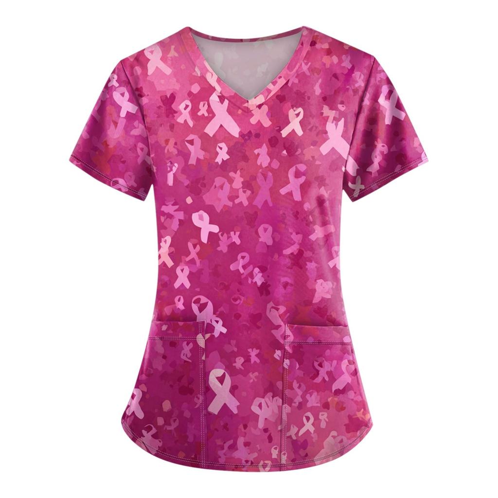 Women's Fashion V-Neck Short Sleeve Overalls With Pockets Printed Tops Clothes