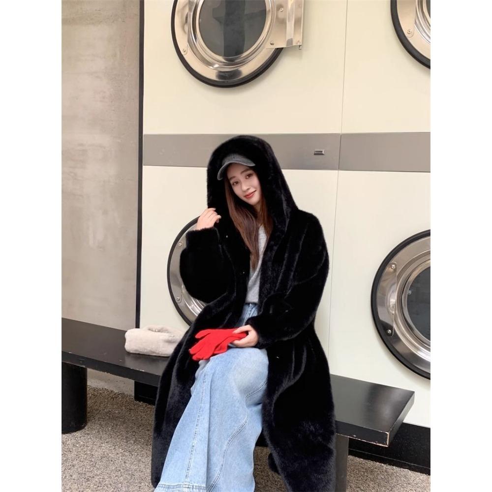 New High-end Imitation Velvet Mink Fur Coat Fur Coat Women's Long Hooded Environmentally Friendly Fur Coat