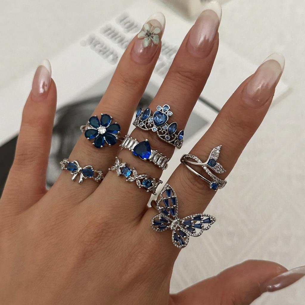 Luxury Blue Zirconia Hollow Butterfly Ring for Women Rhinestones Heart Flower Bow Crown Finger Ring Charms Engagement Jewelry