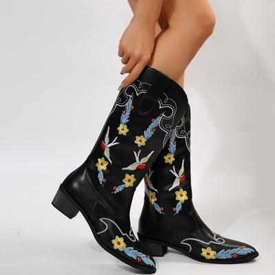 Wish Large Size Tall Knight Boots Autumn and Winter New Middle Heel Martin Boots Women's Pointed Embroidered Women's Boots