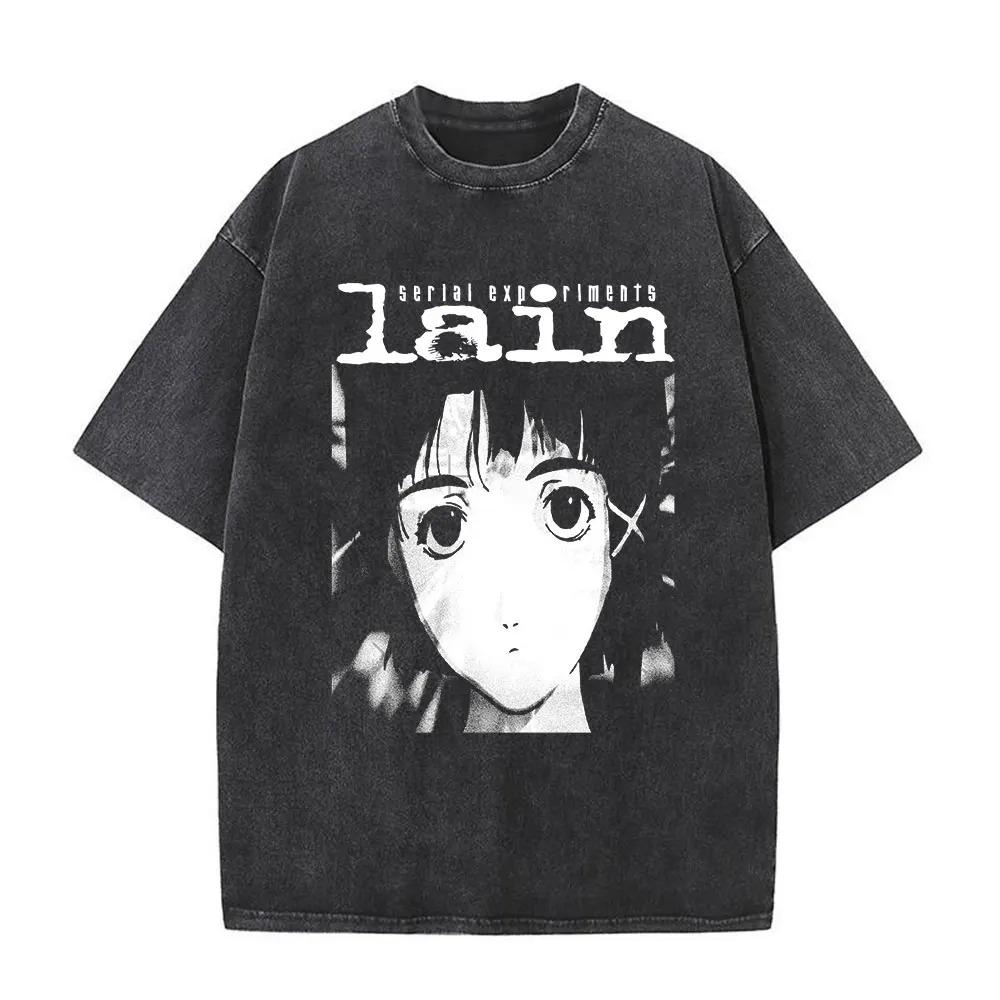 

Japan Anime Serial Experiments Lain Vintage Washed Print TShirt Women Men Cotton Harajuku Style Casual Oversized Top Summer Tee S