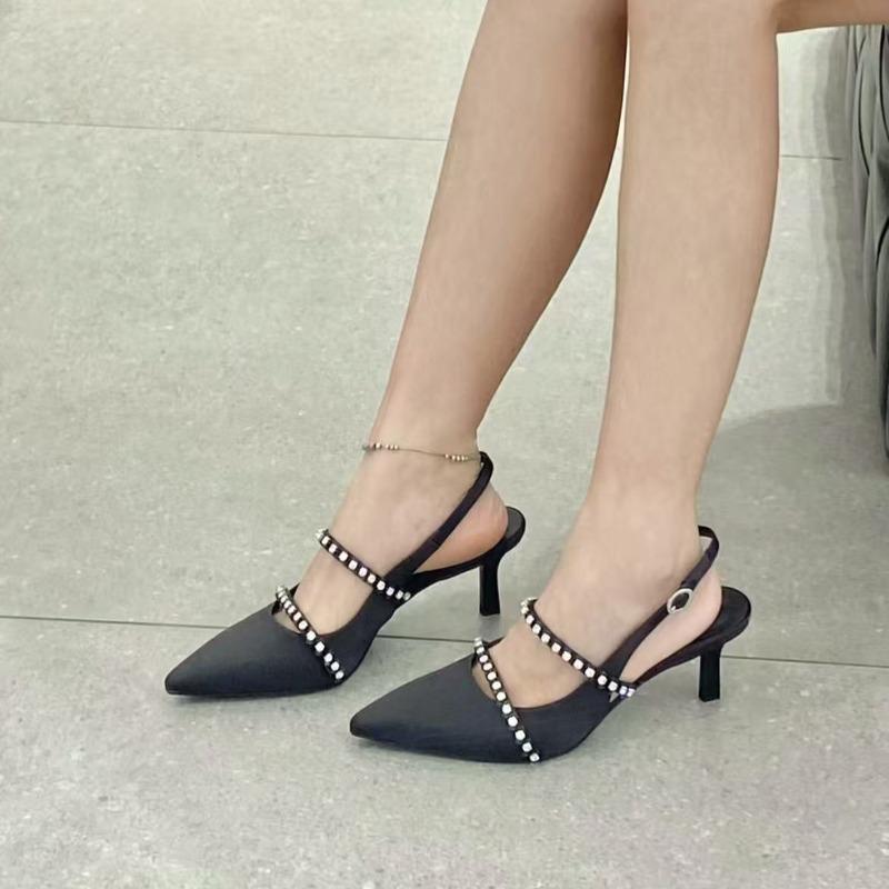 Fashion Women'S Sandals Pink Satin Pointed Toe Rivet Decor High Heels For Women Wedding Dress Shoes For Woman Sandalias De Mujer