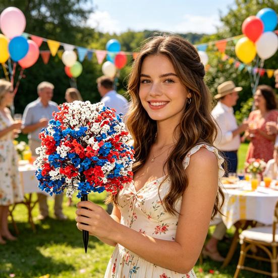 Yousheng 4th of July Artificial Flowers Topiary Ball Tree with Ground Stake Red White Blue Patriotic Fake Flower Plant Shrubs for Independence Day